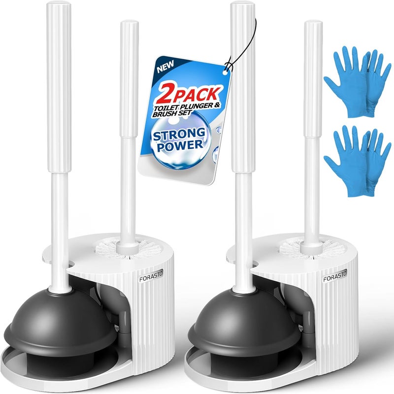 FORASTO 2Pack 2 in 1 Toilet Brush and Plunger Set, Extended Handle Plunger，Toilet Bowl Brush Plunger Set,Bathroom Cleaning Tools ，Toilet Brush Plunger Combo，Cleaning Brush，Cleaning Supplies(White) - Image 1